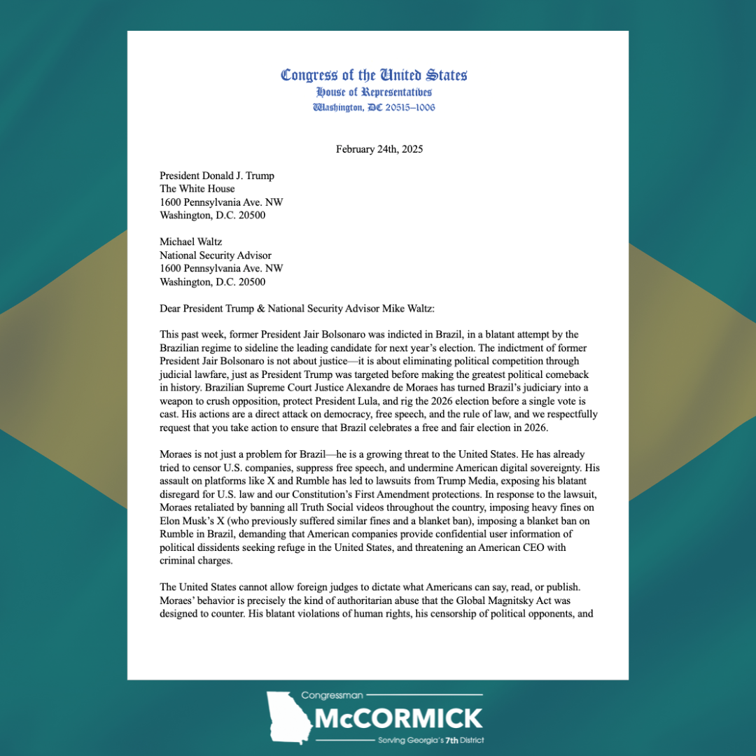 Congressman McCormick Calls for U.S. Action Against Brazilian