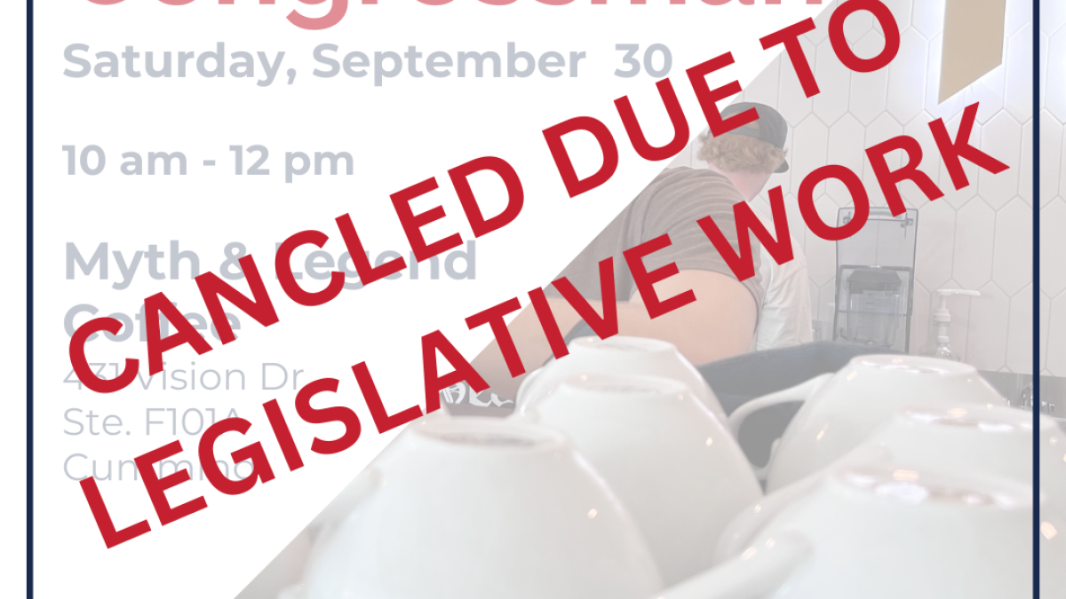 Canceled Coffee with the Congressman Sat, Sept 30 10am - 12pm at Myth and Legend Coffee in Cumming