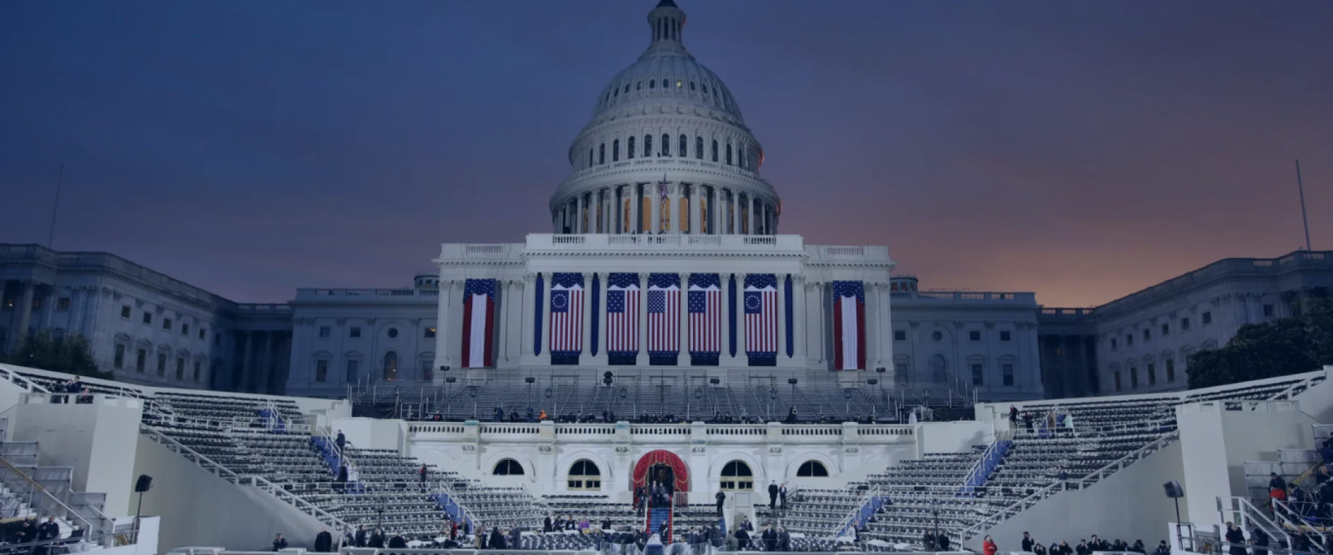 Capitol set up for Inauguration during sunset